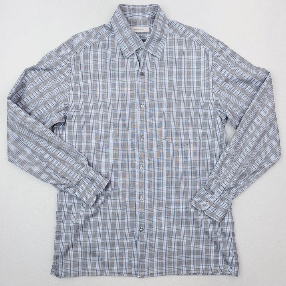 Ermenegildo Zegna Shirt Mens Large Blue Plaid‎ Dress Long Sleeve Button Up Italy